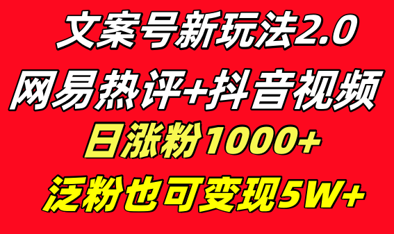 （8484期）文案号新玩法 网易热评+抖音文案 一天涨粉1000+ 多种变现模式 泛粉也可变现-古龙岛网创